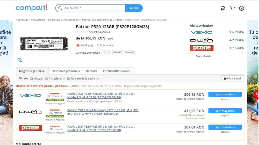 SSD Patriot P320 de 128 Gb, NVMe , M.2 -nou , la cutie