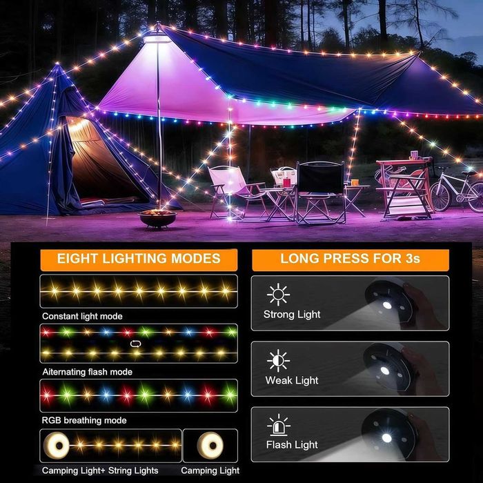 Led pentru camping, lampă de camping LED portabilă 4 în 1, reîncărcabilă, de 10 m, cu 8 moduri de iluminare, lumini retractabile