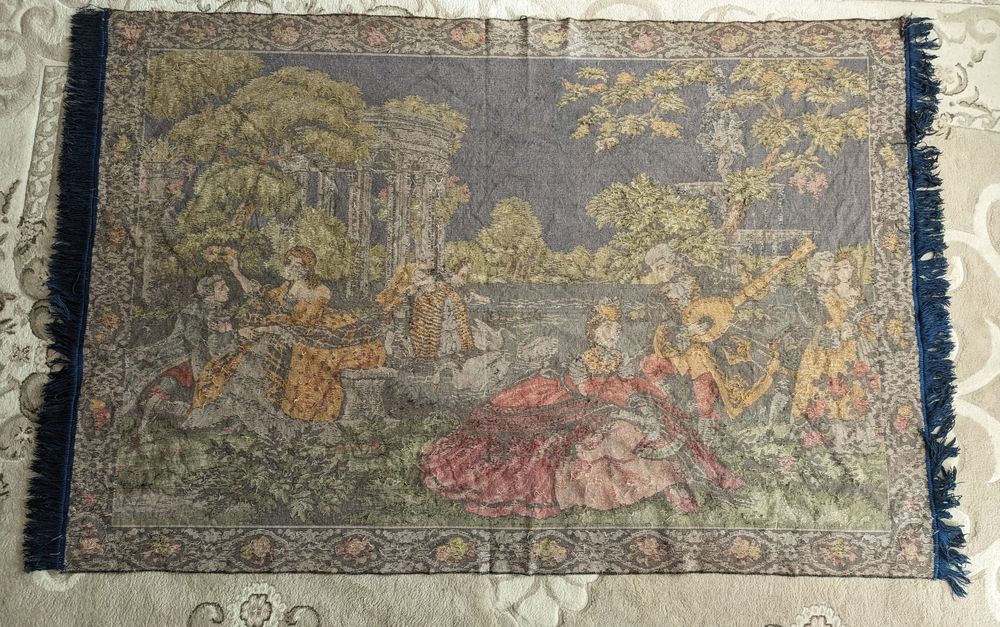 Carpeta tapiserie vintage, scene muzicale și peisaj cu lebede