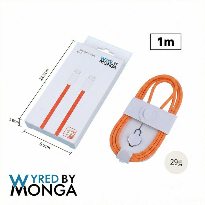 Cablu USB-C la USB-C 60W, Wyred by Monga, 1m, Împletit, Portocaliu NOU