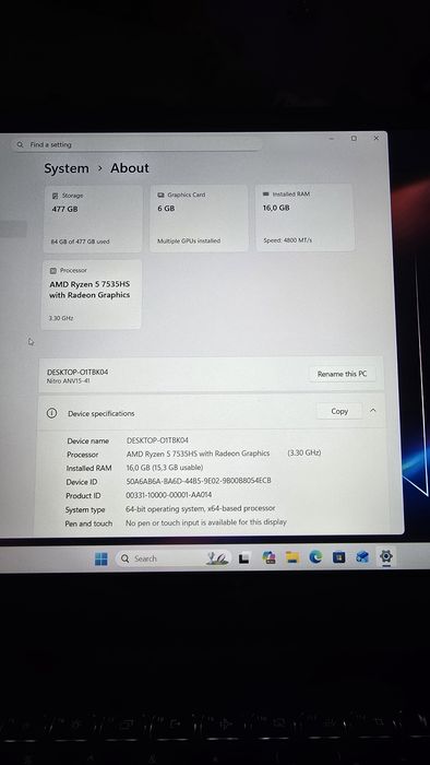 Laptop Gaming Acer Nitro V 15 - Ryzen 5 7535HS - RTX 3050 6GB - Stare