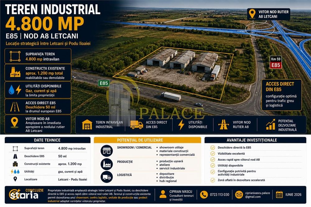 Teren 4800 mp , industrial Letcani,  cu acces in E85