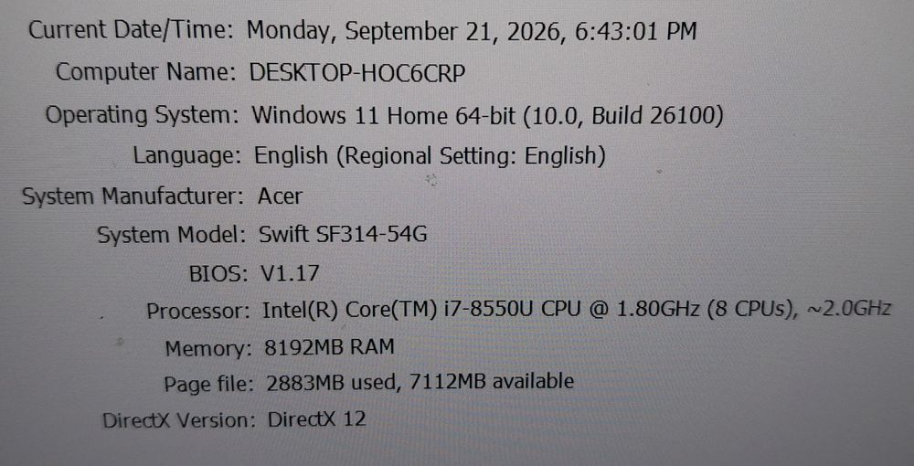 Laptop Acer Swift 3 i7 8550u 8gb ram 256gb ssd MX150 2gb