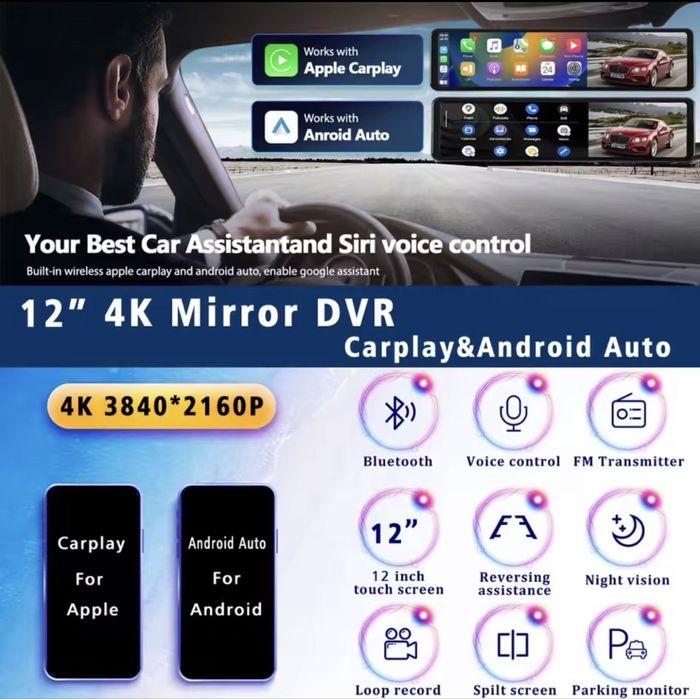 12 инча 4К огледало с Android auto/Car play, видео регистратор камера