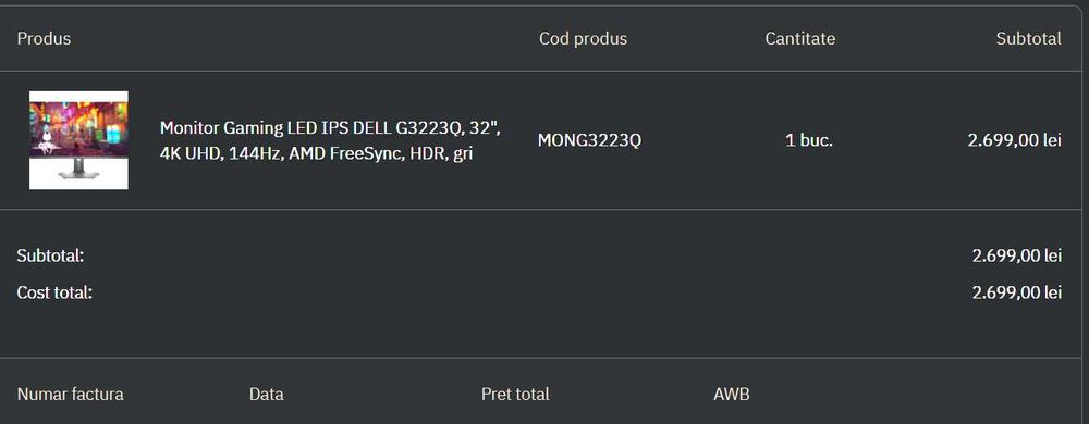 Monitor Gaming LED IPS DELL G3223Q, 32", 4K UHD, 144Hz, AMD FreeSync