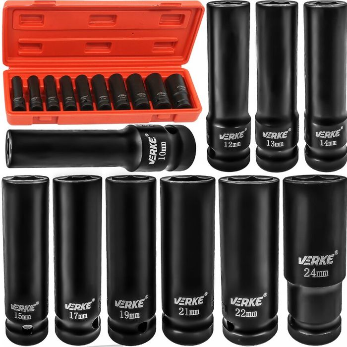 Set chei tubulare impact lungi, 1/2" 10 - 24 mm, 10 piese, Verke