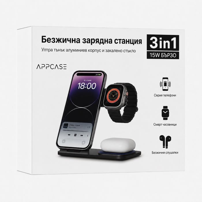 Безжично зарядно 3в1 за дома и офиса AppCase Magnetic Field 3in1 15W