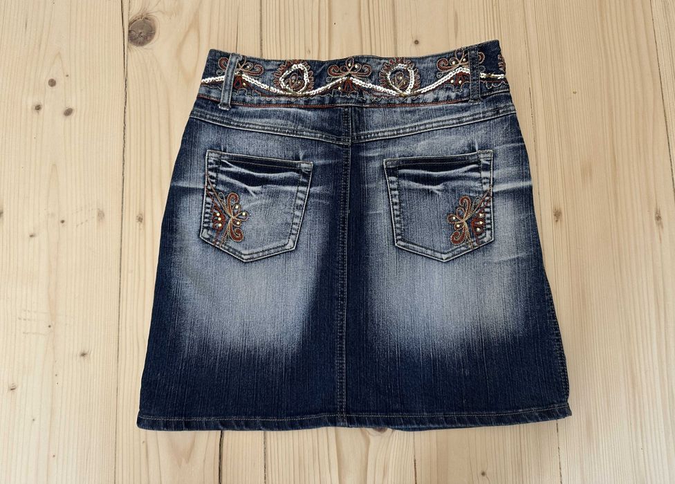 Fustă Mini Denim Revers Jeans – Nouă Fără Etichetă – Mărimea M Broderie Cu Paiete Y2K