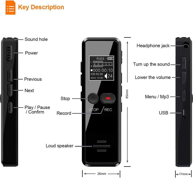 Цифров диктофон/MP3 плеар Tschisen 64GB 1536kbps