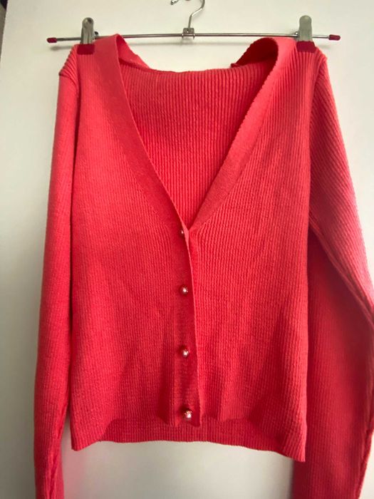 Cardigan/ploveras roz coral, cu nasturi, nou, S/36, usor sidefat