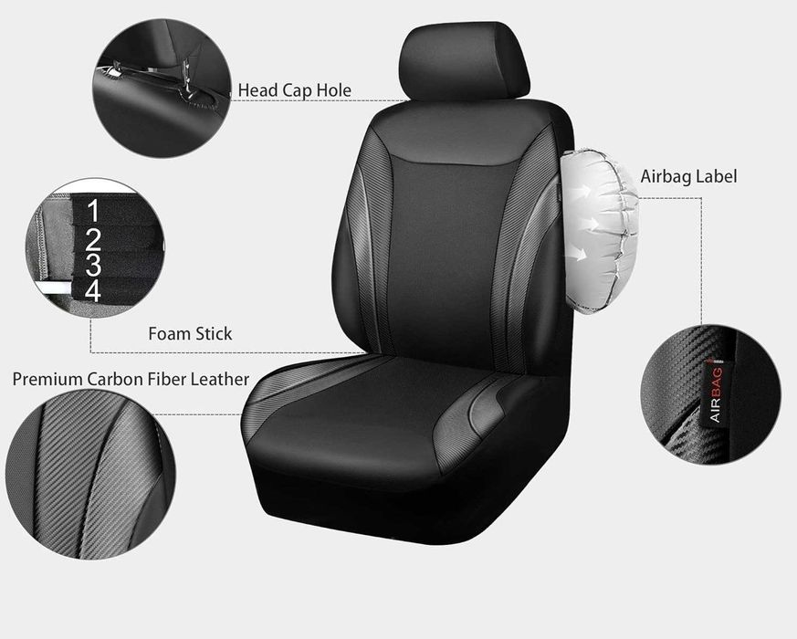 Луксозна автомобилна тапицерия 9 части - черна с карбон ефект, еко кожа и дишащ текстил