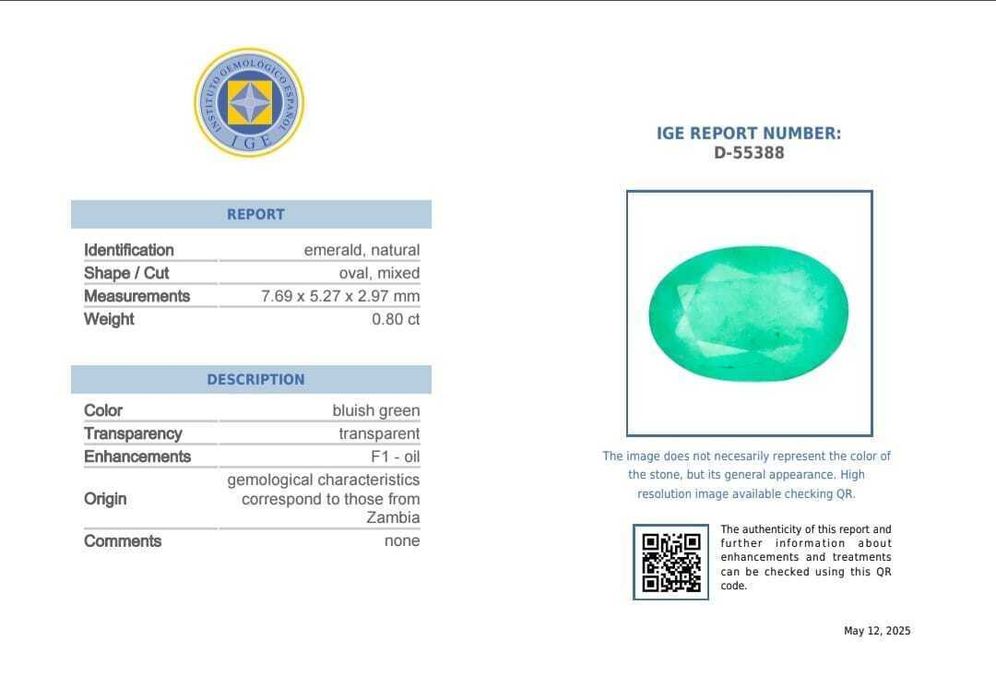 Зелен Сертифициран Изумруд (Смарагд) - 0,80 карата