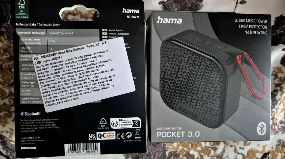 Boxa portabila Bluetooth Hama Pocket 3.0, 3.5W, IP67 – noua