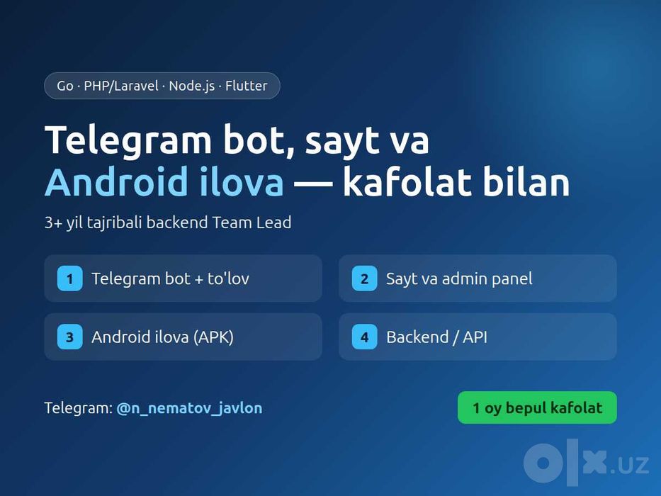 Telegram bot, sayt, Android ilova va backend — kafolat bilan