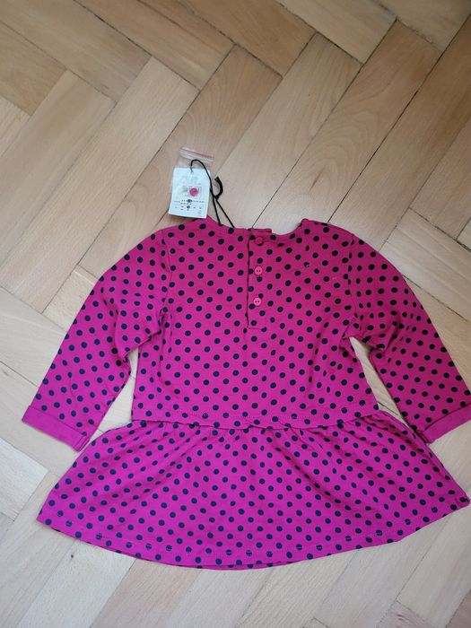 Rochie roz cu buline negre din 95% bumbac, pentru bebeluși, 9-12 luni, 74 cm, model Ladybug