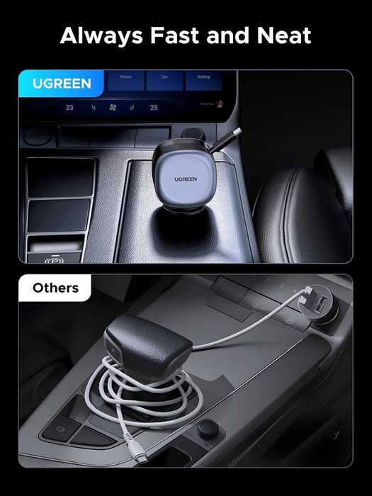 UGREEN 75W зарядно за автомобил, с интегриран прибиращ се кабел