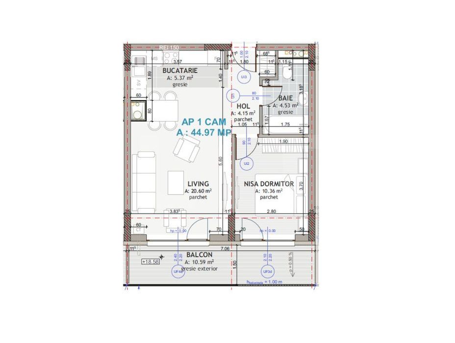 Apartament lux 2 camere 45 mp, terasa 10.50 mp, etaj intermediar, gara