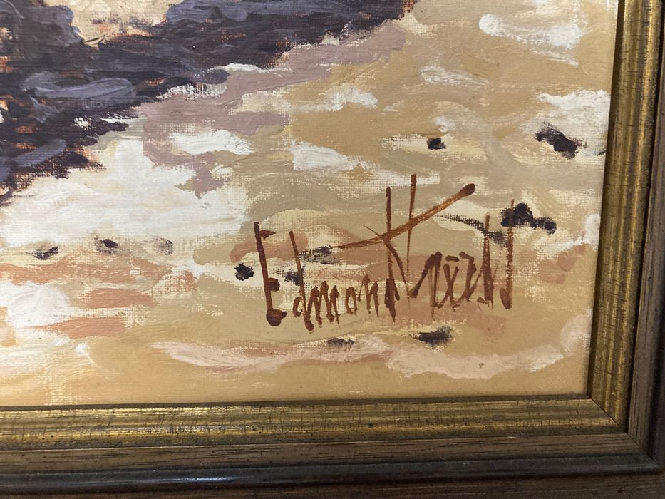 Tablou deosebit în ulei pe pânză „Cai în alergare” – Edmond Kroth, 92x92 cm (ramă de epocă)