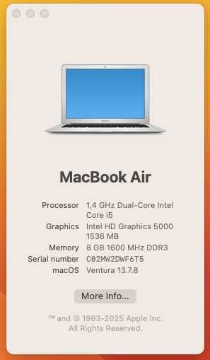 Vand Laptop A1466 MacBook Air 13" 8GB 128GB SSD IOS Ventura