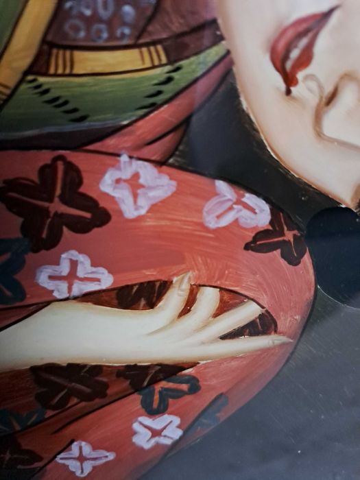 tablou asiatic vechi pictura sticla rama lemn 58,5/42,5 cm