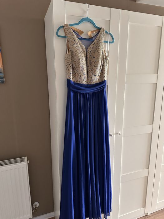 Rochie lunga albastru cu auriu