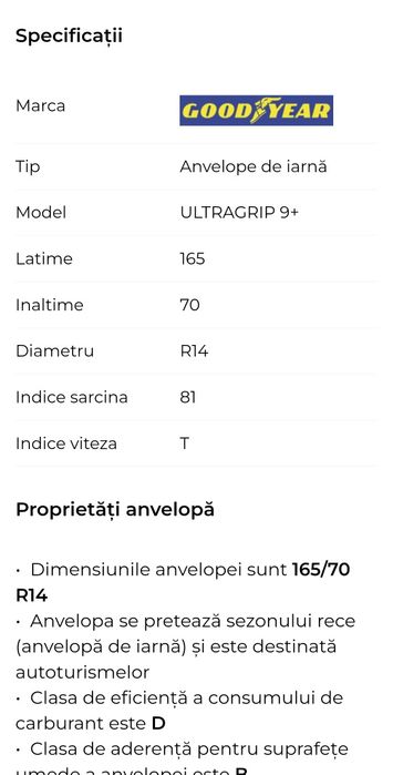 Anvelope GoodYear  165 70 14 Cauciucuri de iarna M+S Profil ca nou