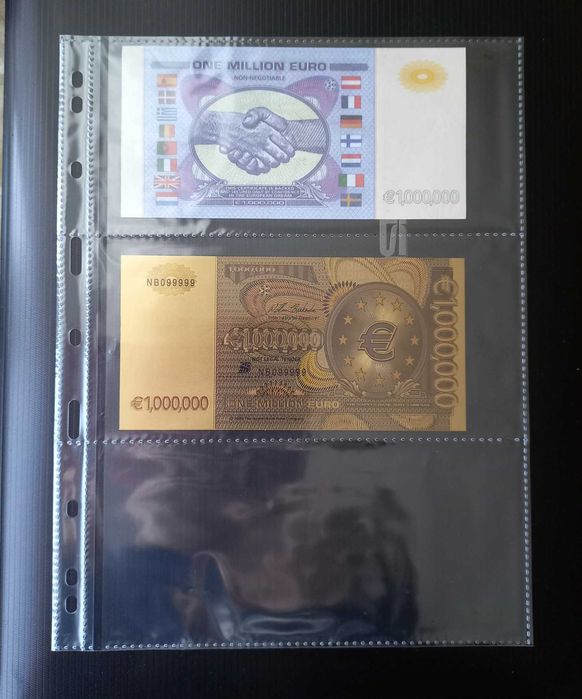 2 бр. сувенирни банкноти  / 1млн. €  + 100 $ САЩ , на черно зл. фолио/ за 9 € .