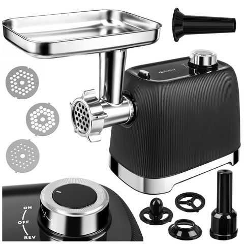 Eлектрическа месомелачка / Месомелачка с пълначка / Мелачка за месо 2400W – с реверс, 3 стоманени решетки и приставка за наденици