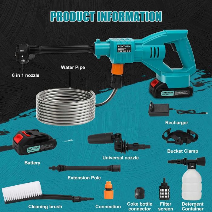 6 în 1 Pistol de Spălare cu Presiune fără Fir Panthem 18V, Portabil