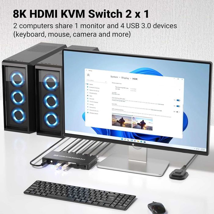 HDMI KVM превключвател 1 монитор 2 компютъра, 8K60Hz 4K120Hz USB 3.0