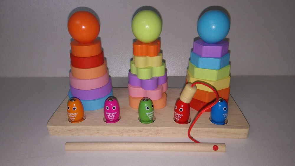 3 в 1 дървени рингове с различени елементи + магнитен риболов с въдица