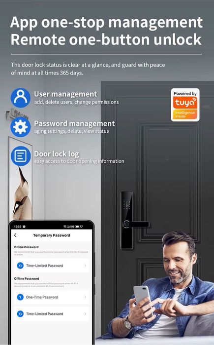 Yala inteligentă eseye, digitală, cu amprentă, WiFi, neagră, 300x68mm