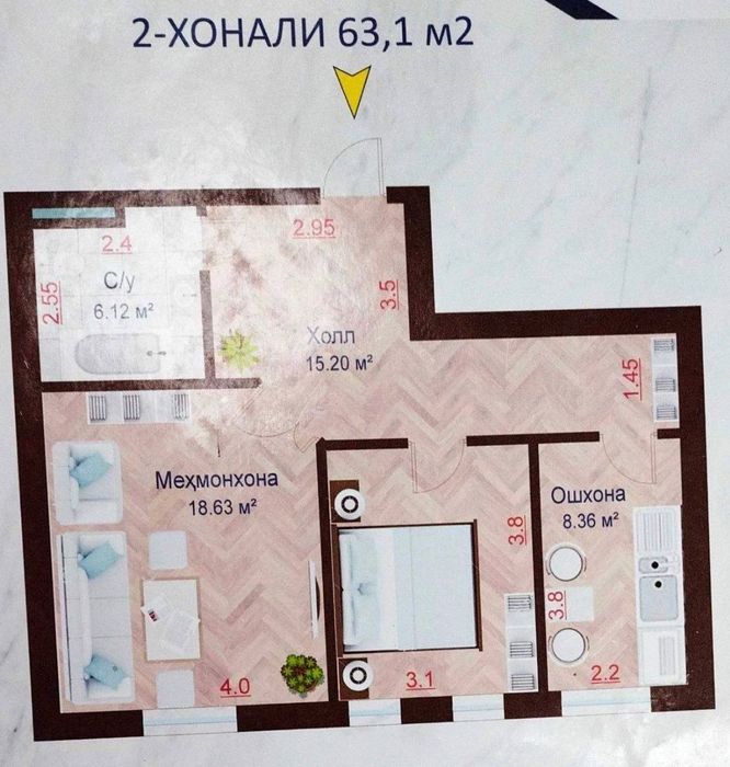 2 комнатная Юнусабад