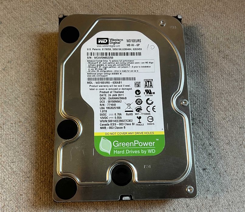 Hard disk 1TB WD10EURS Western Digital Green SATA testat 100%