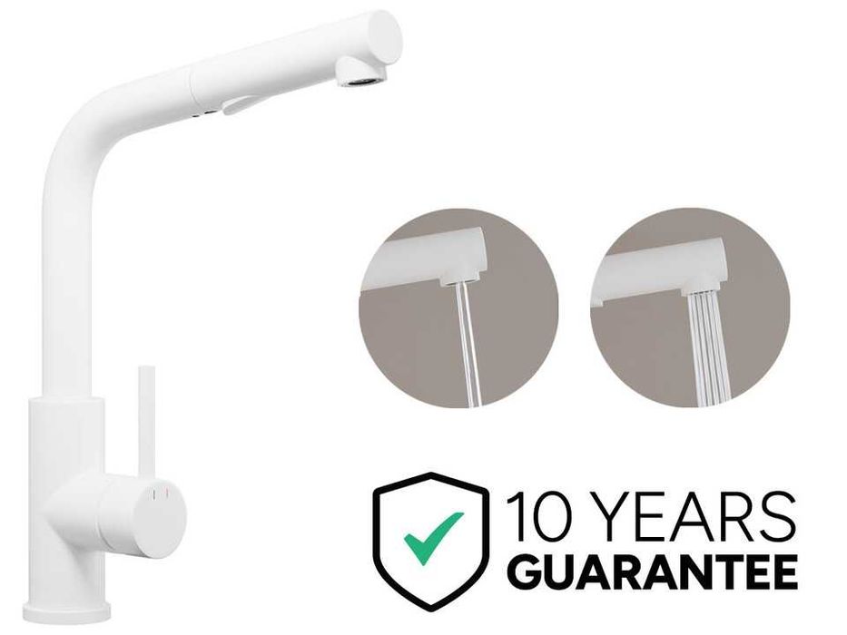 Бял смесител за кухня с изтегляща глава, 2 режима на струя - 3010