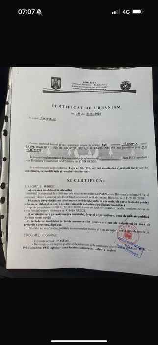 Teren intravilan 10.000 mp Păun Bârnova Iași P+2E locuințe individuale, izolate și cuplate , POT max 35%.