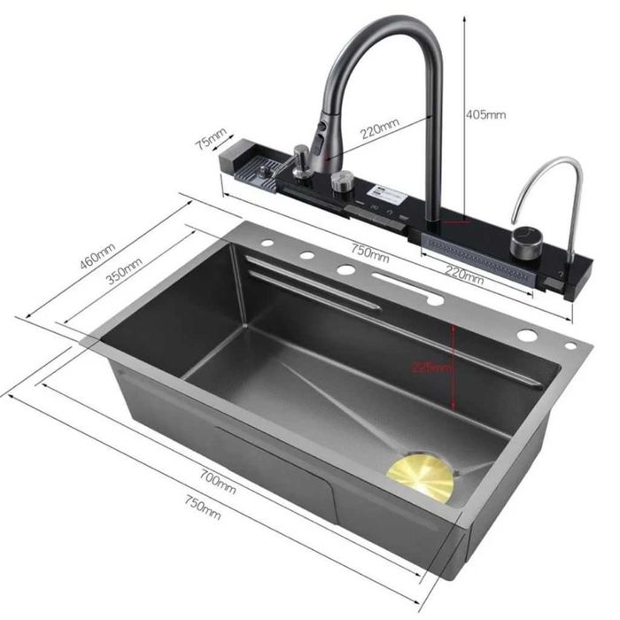 Chiuvetă bucatarie multifuncțională smart din Oțel Inoxidabil cu cascadă, jet pentru pahare, tocător din aluminiu și compartimente pentru spălat