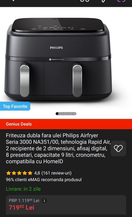 Airfryer Philips cu 2 recipiente capacitate 9 litri