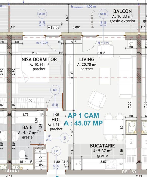 Apartament de 2 camere , 45,07 mp, semifinisat , EROILOR — fotografia 1