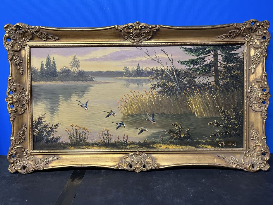 Оригинал на Рудолф Хиршел-Есенен,речен пейзаж с излитащи патици