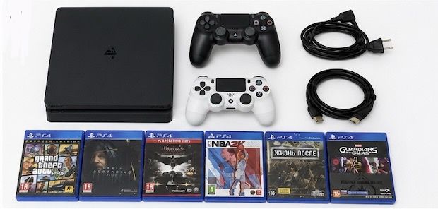 PS4 Slim 408,5 ГБ, 2 геймпада, 6 игр, отличное состояние