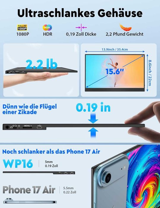 HONGO 15.6" преносим монитор 1080P FHD IPS черен