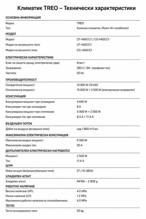Колонен климатик TREO 14 kW | 380 V | Отлично състояние