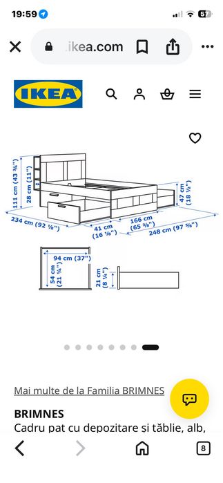 Vând pat Ikea Brimnes dimensiuni 200 pe 160, culoare neagră