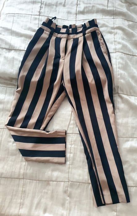 New Look Petite XXS XS pantaloni 3/4 cu dungi talie înaltă bej negru skinny noi