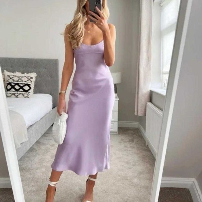 Rochie midi spate gol Zara liliac mov deschis pudra pastel satinată cu bretele