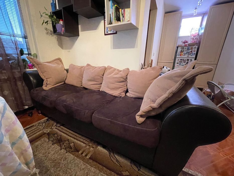 Триместен диван велур и кожа + ПОДАРЪК ел. уред за палачинки Delimano