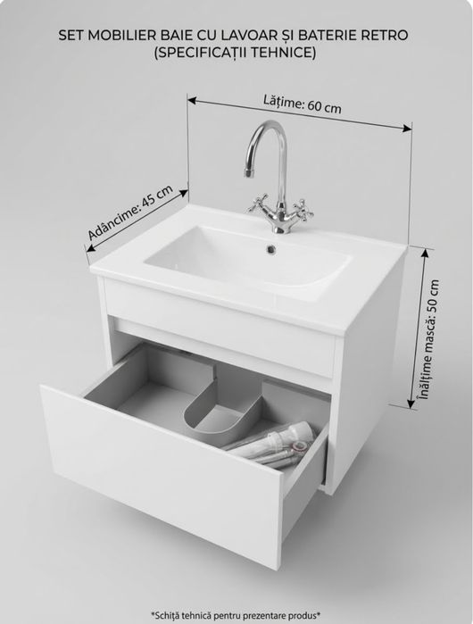 Set Mobilier Baie Suspendat cu Lavoar Ceramic și Baterie Retro + Sifon Nou