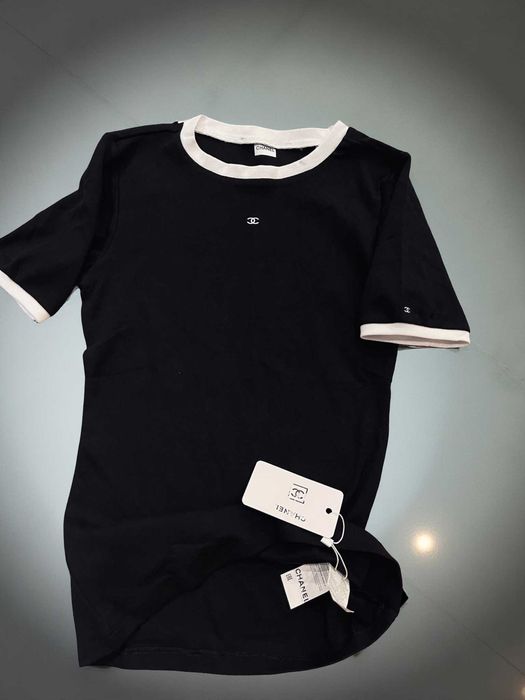 SALE шанел тениска черна памук блуза къс ръкав риза chanel топ