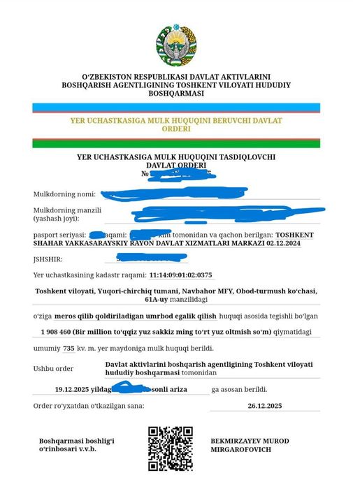 Yangi Toshkent 7,35 sotixli xovli sotiladi.